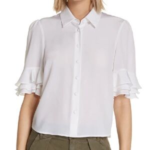 🕊️ FRAME White Silk Flutter-Sleeve Button-Front Blouse